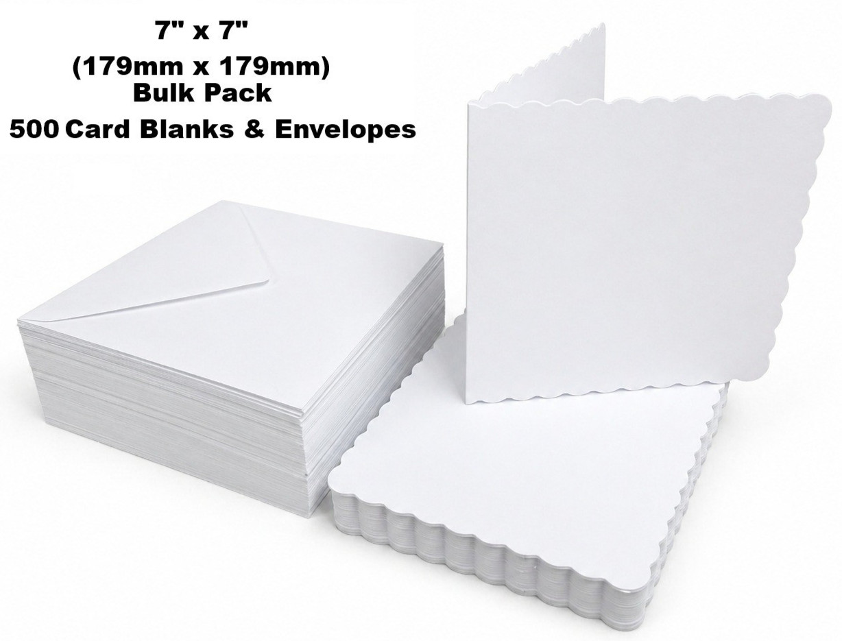Premium 7"" x 7"" White Scalloped Card Blanks & Envelopes – 250gsm (Pack of 500)