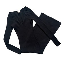 H&M Ribbed Sweetheart Long Sleeve Midi Bodycon Dress Black Size L