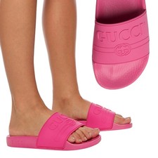 GUCCI SHOES WOMENS PURSUIT SLIDES LOGO PINK RUBBER FLIP FLOPS 380 sz 36 / US 6