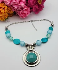 Silver Tone Blue Cabochon Pendant Statement Necklace 20" Adj.