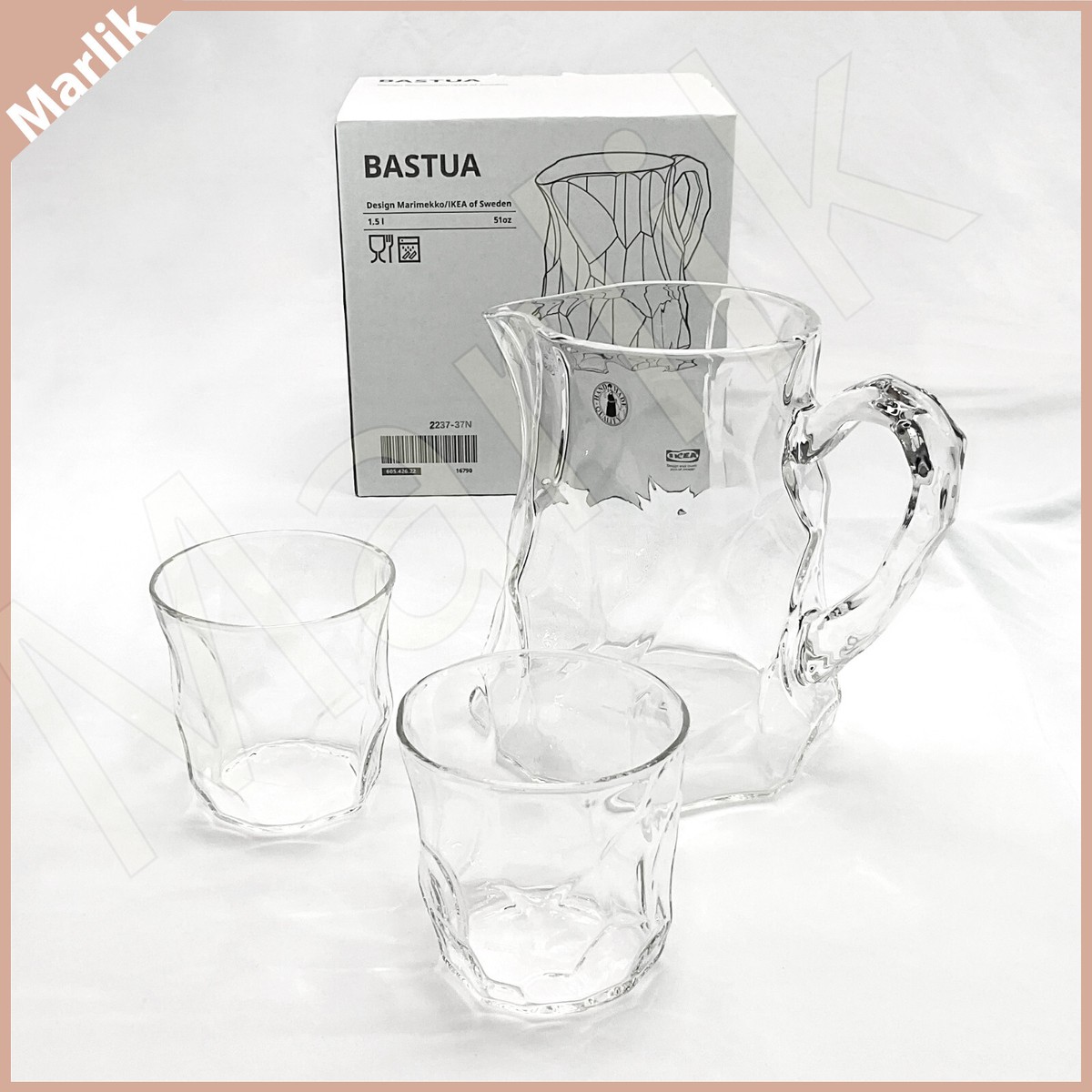 IKEA Bastua By Marimekko Pitcher + 2 Glasses, Clear Glass IKEA Bastua By Marimekko Pitcher + 2 Glasses, Clear Glass