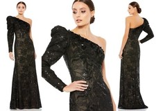 Mac Duggal Black Long Sleeve One Shoulder Embellished Sheath Gown 16 $698