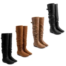 Womens Thigh High Boots Classic Flat Zip PU Over The Knee Boots Winter Boots