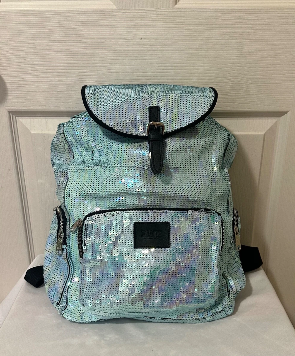 NWT Victoria Secret PINK Aqua Blue Sequin Backpack Book Bag  display picture 1