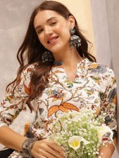 Women Floral Printed Mandarin Collar Cotton White Top