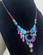 Ayala Bar Beaded Stones Fabric Necklace In Turquoise Purple Pink/Magenta, Signed