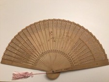 Vintage Wooden Folding Hand Fan Oriental Bird  Butterfly Open Work Carved