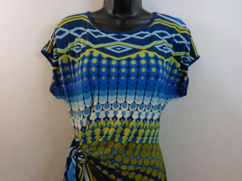 Donna Morgan Dress Women's 10 Blue Yellow Sleeveless Faux Wrap Geometric - Picture 2 of 11