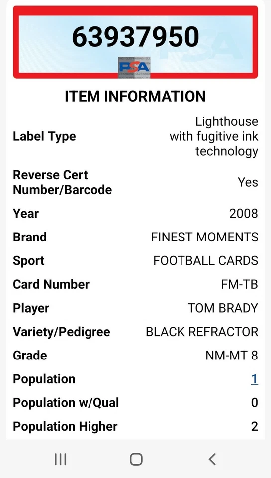 2008 Topps Finest Moments Tom Brady Black Refractor /99 PSA 8 - Image 4 of 4