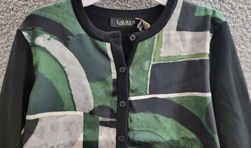 Cárdigan Lauren Ralph Lauren Petite Geo-Print para Mujer PS Negro Multi Botón Frontal Foto 3 de 4