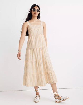Madewell Yellow Striped Button Back Tiered Midi Dress size 4 S | eBay
