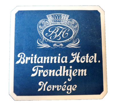 Britannia Hotel Frondhjem Norwegen 10,2 cm altes Gepäckanhänger Tag Label
