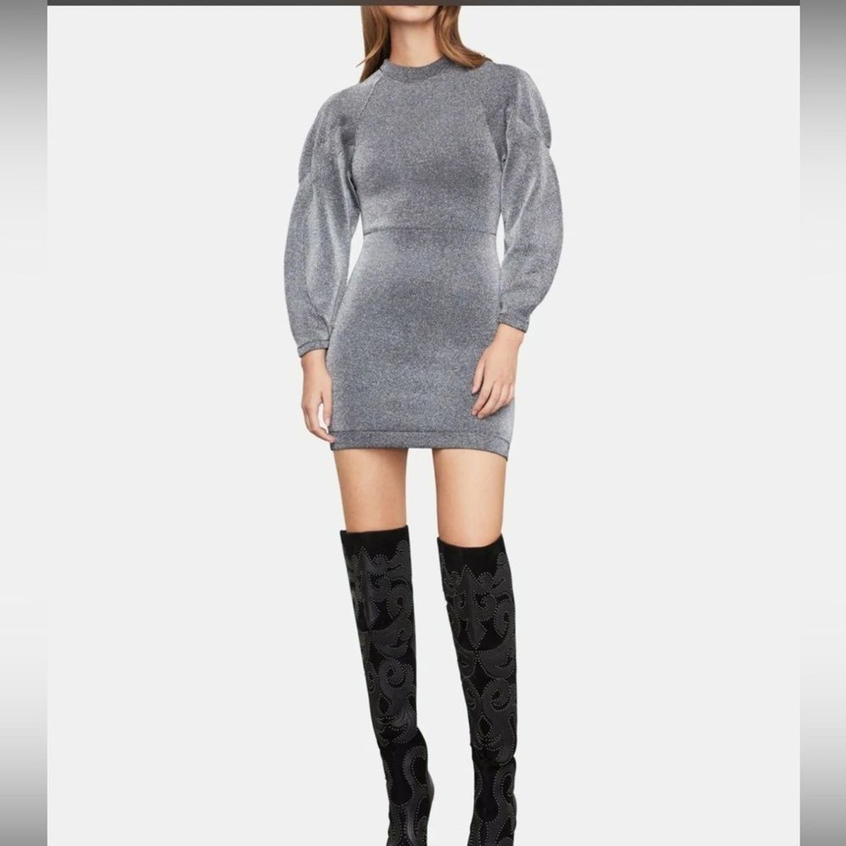 NWT BCBG Mini Dress Azria Metallic Balloon Sleeve Bodycon Silver
