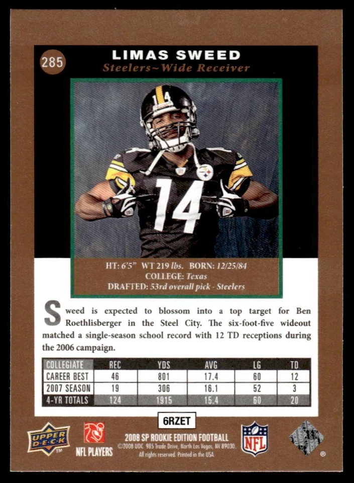 2008 SP Rookie Edition 285 Limas Sweed Pittsburgh Steelers Football Card - Image 2 of 2
