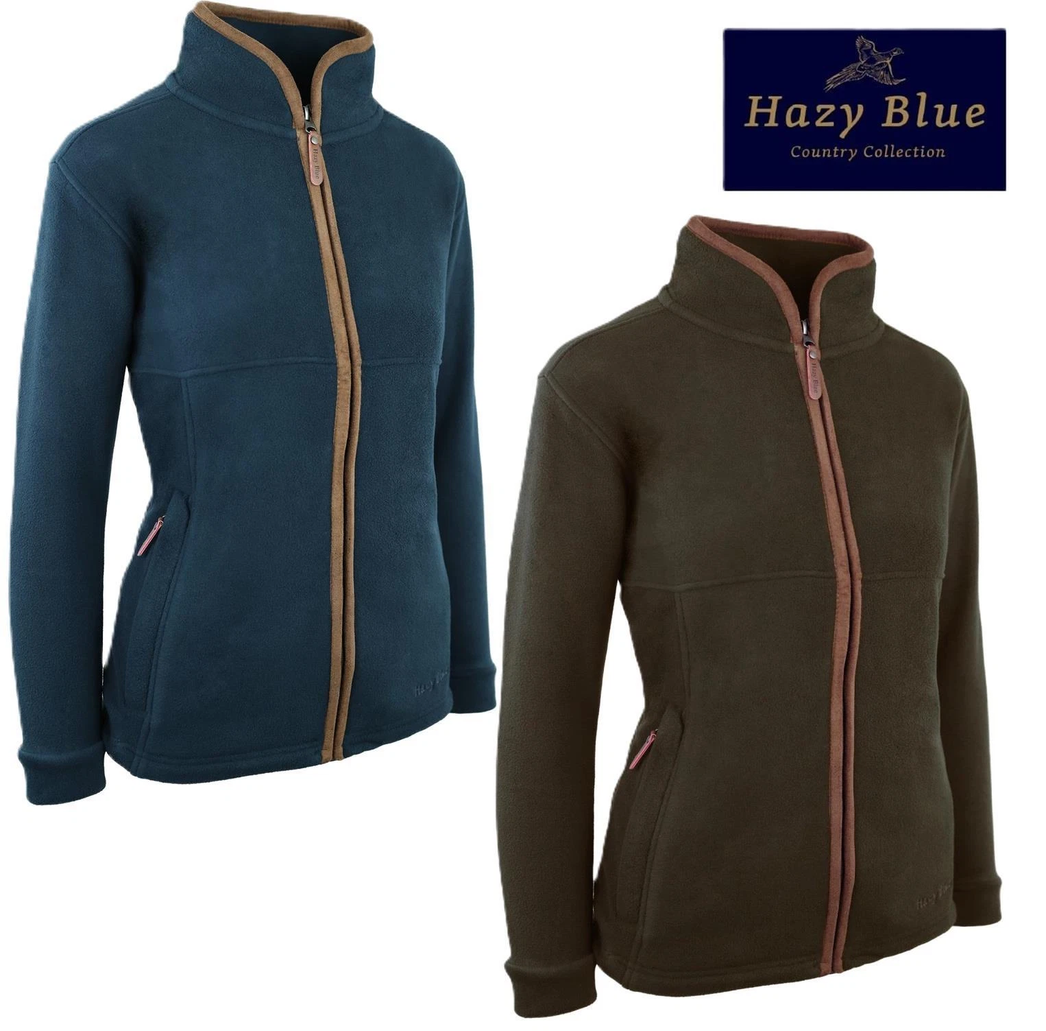 Hazy Blue Phoebe Ladies Full Zip Heavy Fleece Jacket Zip Pockets Brown Trim