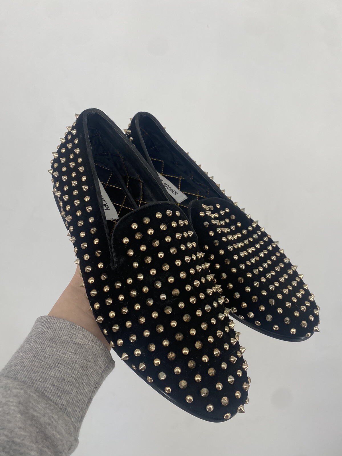 Steve Madden Leather Spikey Dreemz Black Gold Spike Loafers Shoes Mens