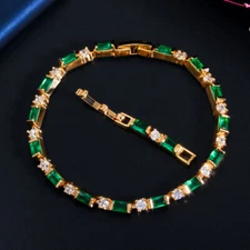 Yellow Gold Plated CZ Green Baguette Charm Tennis Bracelet Women Dancing Party 