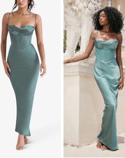 NEW! House of CB- Green Forest Charmaine Corset Maxi Dress Silk Satin Size XS