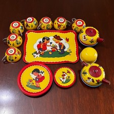 Vtg 1950's OHIO ART Co. Children Tin Lithograph Tea Set Girl Dog in Garden 25 pc