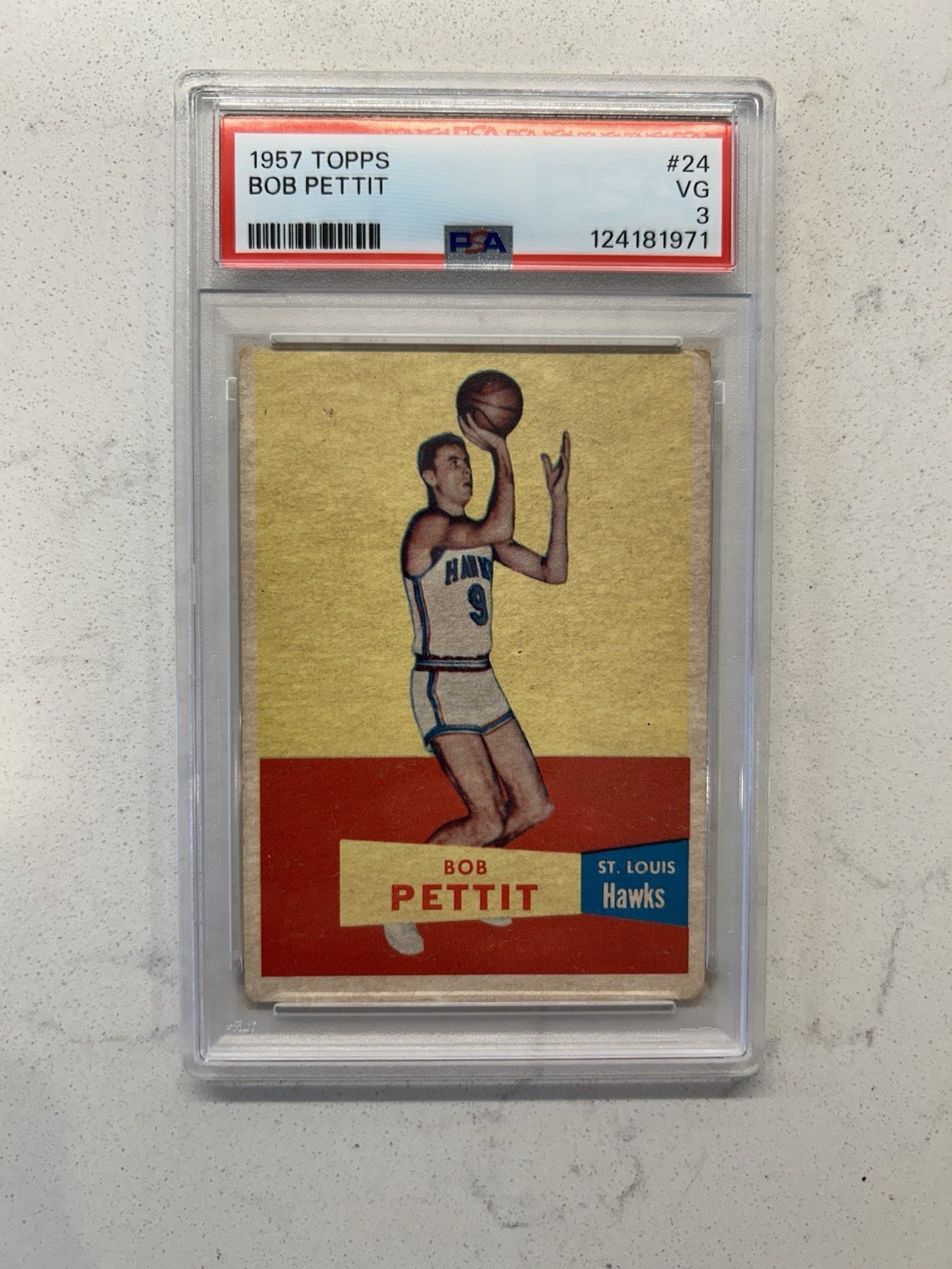 1957 TOPPS BOB PETTIT ROOKIE #24 Hall Of Fame HOF Hawks LSU PSA 3 🔥🏀🔥
