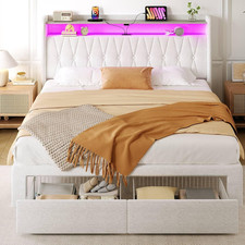 Queen Bed Frame with Drawers, Storage Headboard with Charging Station and LED Li