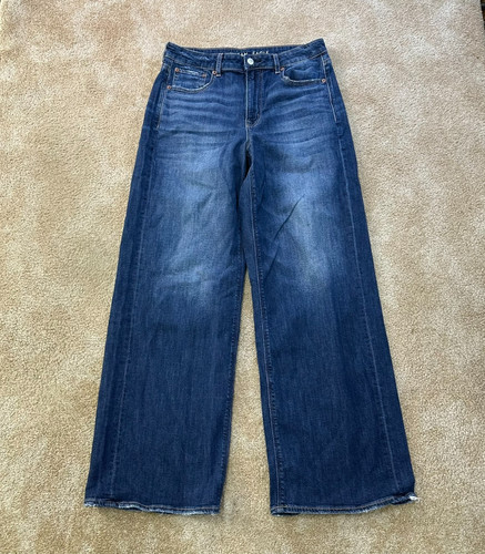 American Eagle Super High Baggy Wide Leg Jeans Women 8L Blue Denim stretch