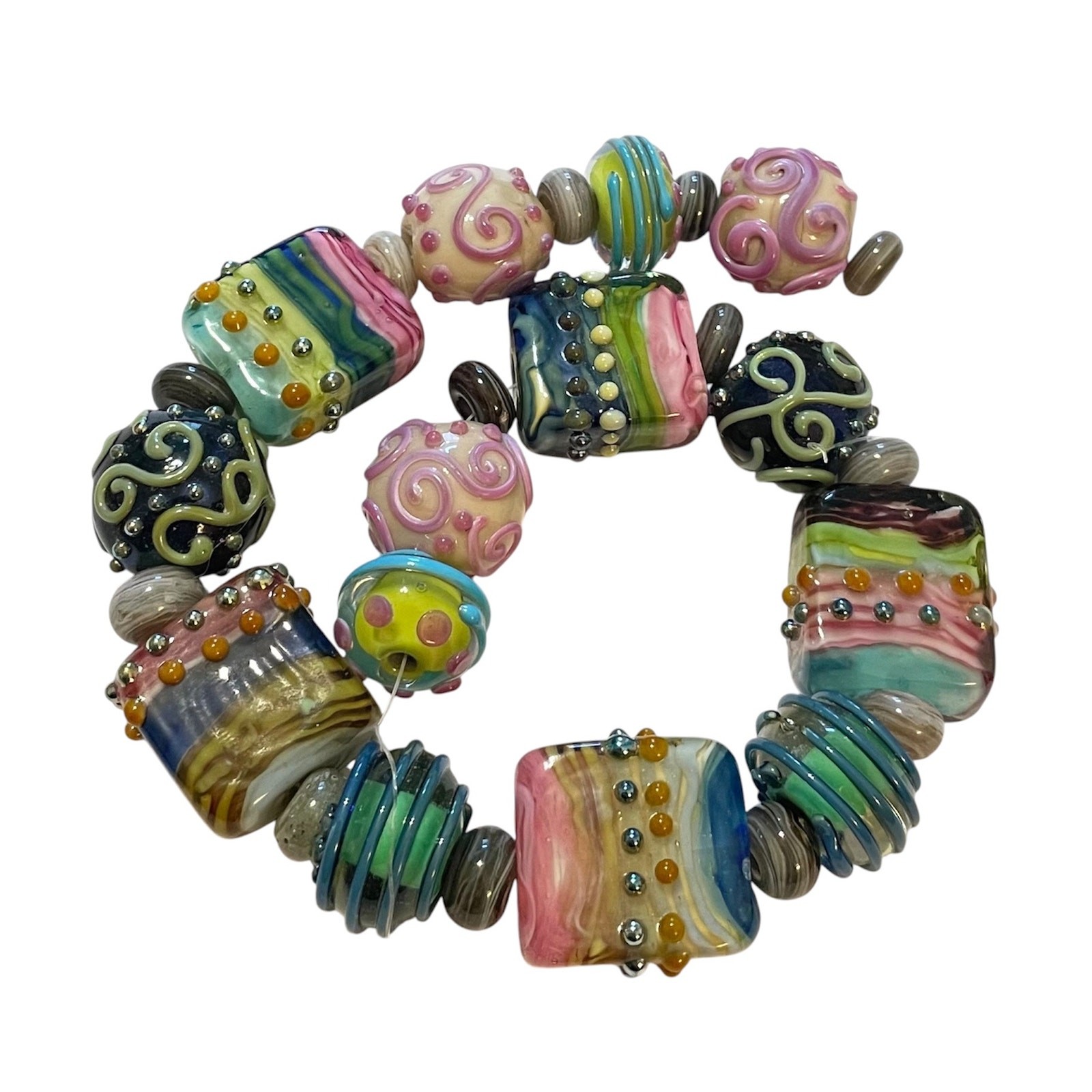Handmade Lampwork Multicolored Raised Dots Swirls Round & Square Glass Bead Set