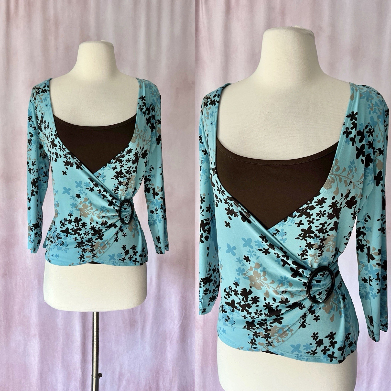 Y2K Fairycore Boho Floral 3/4 Sleeve Layered Top in Blue & Brown