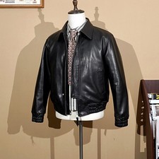 Mens Vintage Style Black Cowhide Leather Classic Flight Bomber Jacket Biker Coat