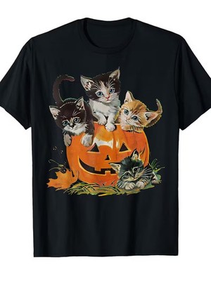 Men'S Vintage 90s Halloween T-Shirt - Black Retro Cat & Pumpkin Graphic Tee - So