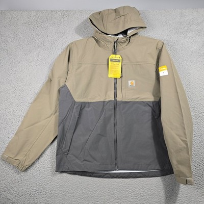 Carhartt HOODED RAIN Jacket MEN Large Beige Brown Outdoor Midweight Full Zip NWT