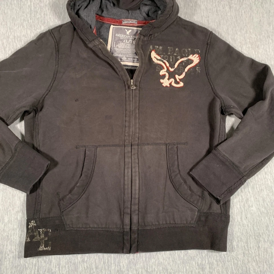 Moletom com capuz American Eagle Outfitters masculino GG preto zíper completo forrado termicamente logotipo águia - Imagem 3 de 4