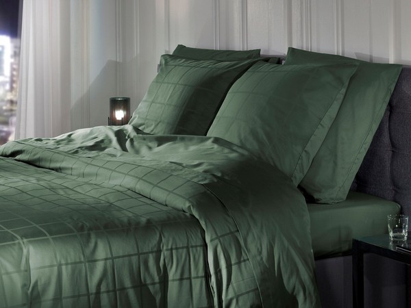 Heckett & Lane Mako-Satin BettwäSche 155X220 Diamante Calla Green Wende Karo Uni-image
