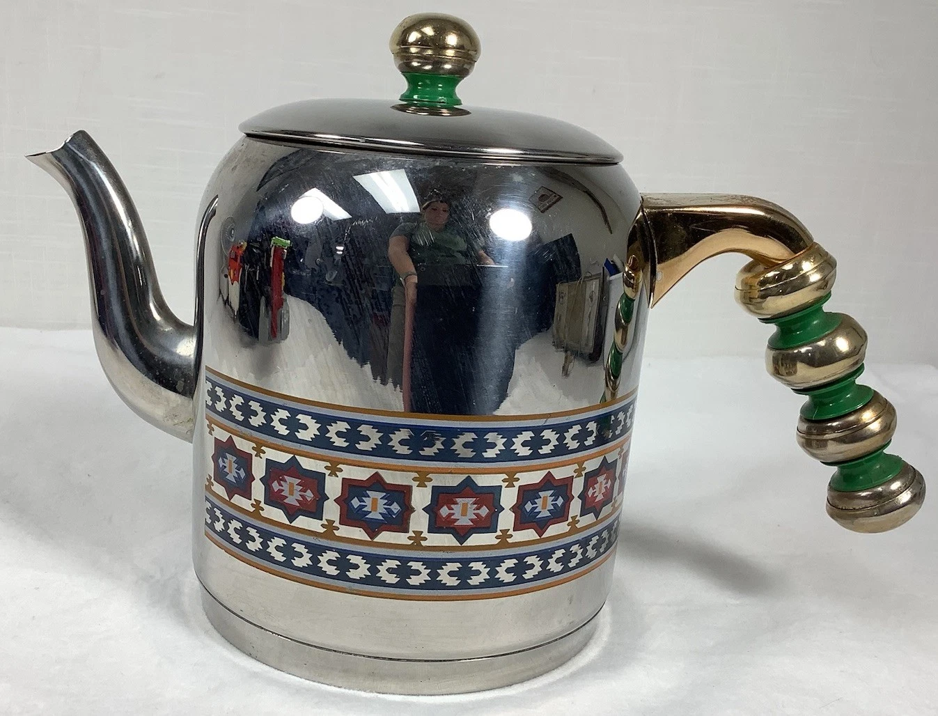 VTG Yellow Rose Solingen Stainless Steel Tea Kettle Southwestern Pattern Boho