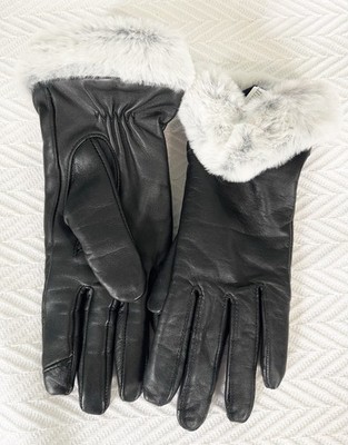 NWOT Women s Genuine Black Leather Gloves Small Faux Fur Trim Velvet Lining NICE