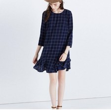 Madewell $168 Silk Ruffle-Hem Dress in Windowpane Sz 10 Juniper Berry