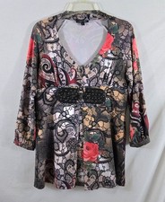 Boho Chic Women's Floral Lace Print Faux Belt Top Size Large Made In USA