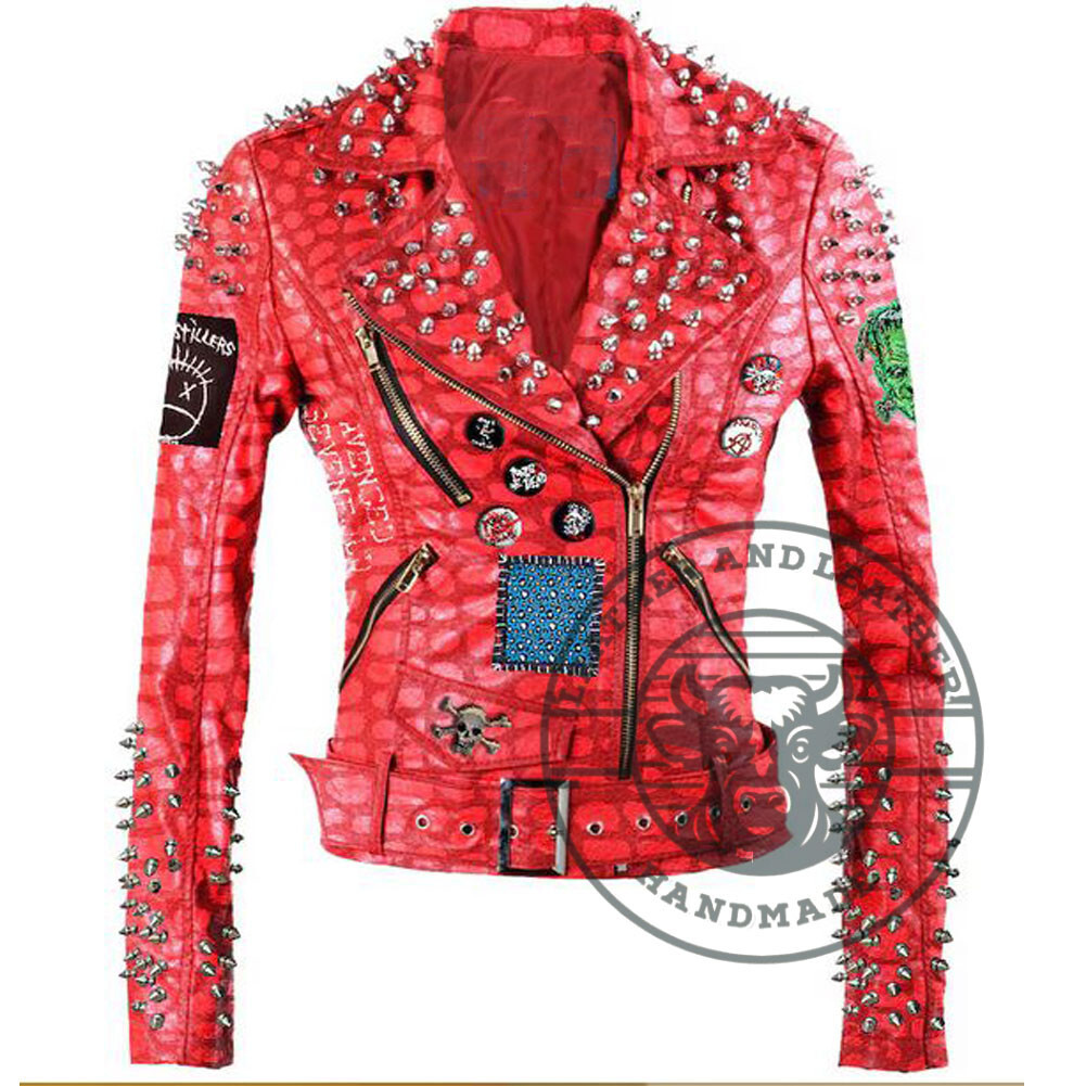 Red Cow Leather Crocodile Print Badge Pins Spiked Womens Biker Jacket