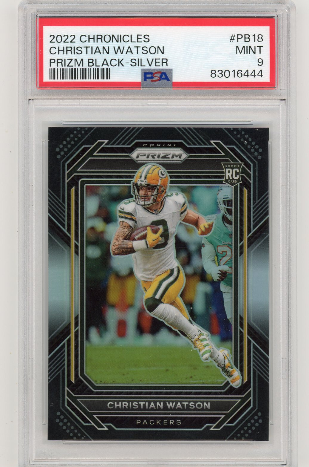 2022 Panini Chronicles Christian Watson Prizm Black Silver RC PSA 9