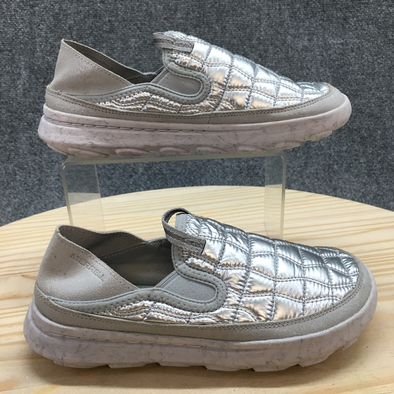 Scarpe Merrell donna 6 M capanna moc 2 lucide slip on argento scamosciato comode J006352