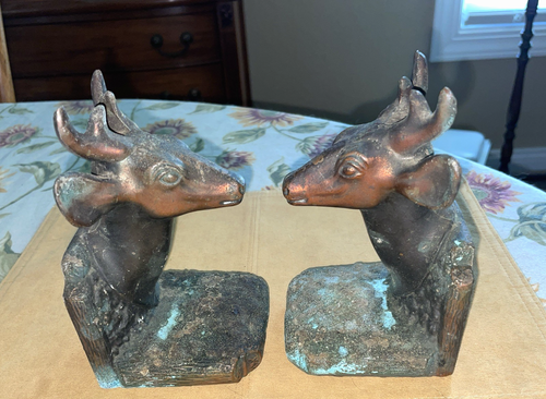 Vintage Deer Stag Bookends Copper Tone Patina BMP 1950 marked on bottoms - Picture 10 of 17