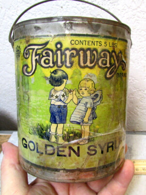 Vintage Fairway Syrup 5 pound empty tin, Great colors, paper label is taped over