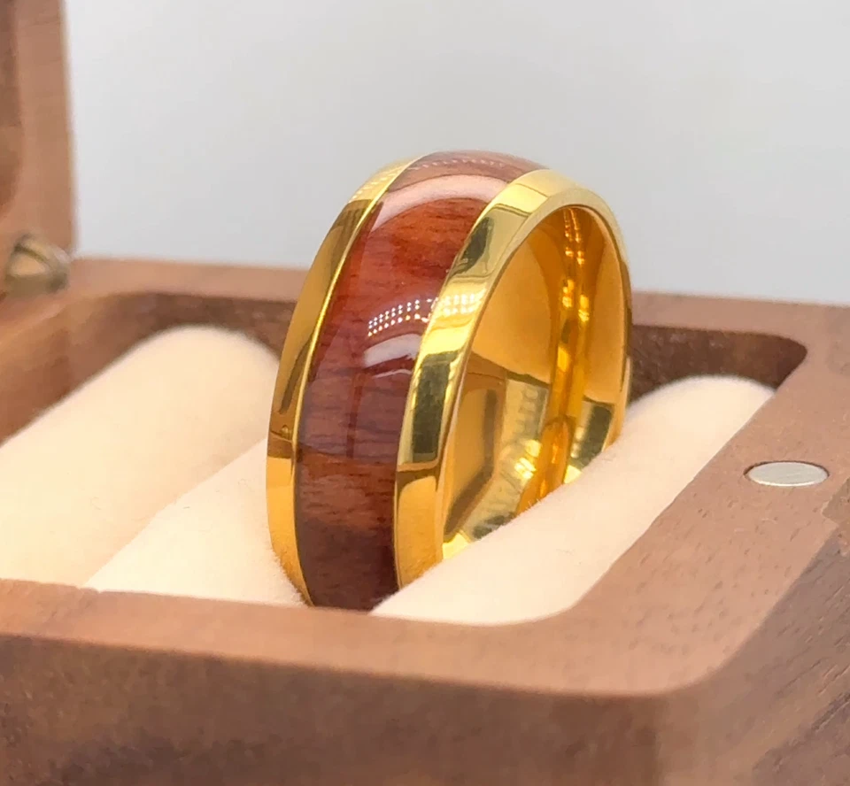 Fiancé Ring Yellow Gold Titanium Wedding Band Wood Inlay Polished Finish Ring - Image 3 of 4
