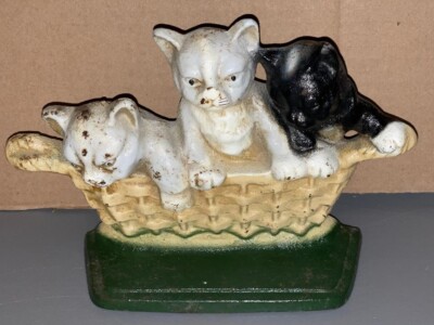Cast Iron Three Kittens in Basket Doorstop
