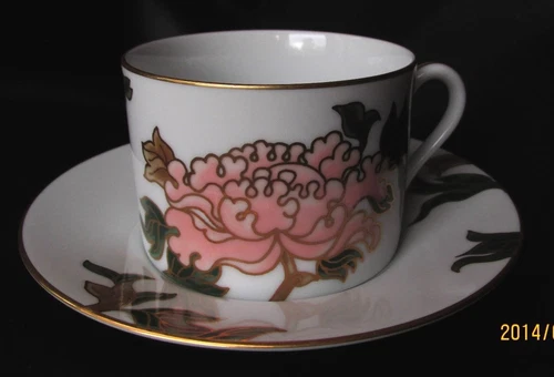Fitz And & Floyd Cloisonne' Peony White, Peach/Pink, Purple, Green Cup & Saucer