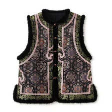 Retro Chinese Style Embroidery Womens Sleeveless Vest Waistcoat Fur Trim Outwear