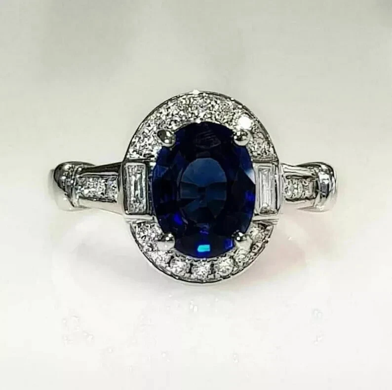 Alianza de diamantes y zafiros naturales de corte ovalado de 3,00 quilates de oro blanco sólido de 14 quilates Foto 4 de 4