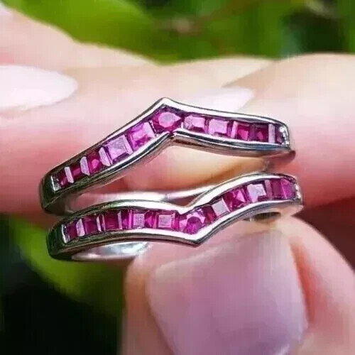 Princess Cut Lab Created Ruby Enhancer Wedding Ring 14K