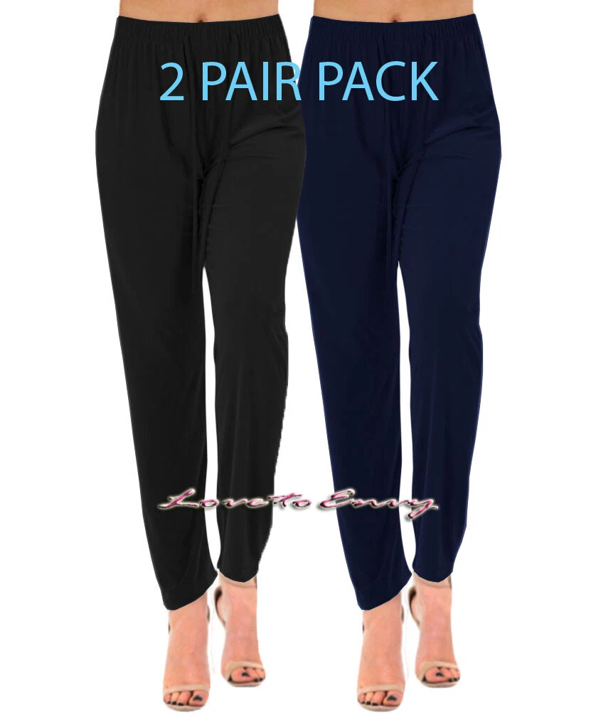 Ladies Straight Leg Casual Trousers 2 PAIRS PLUS SIZE Stretch Elasticated Pants.