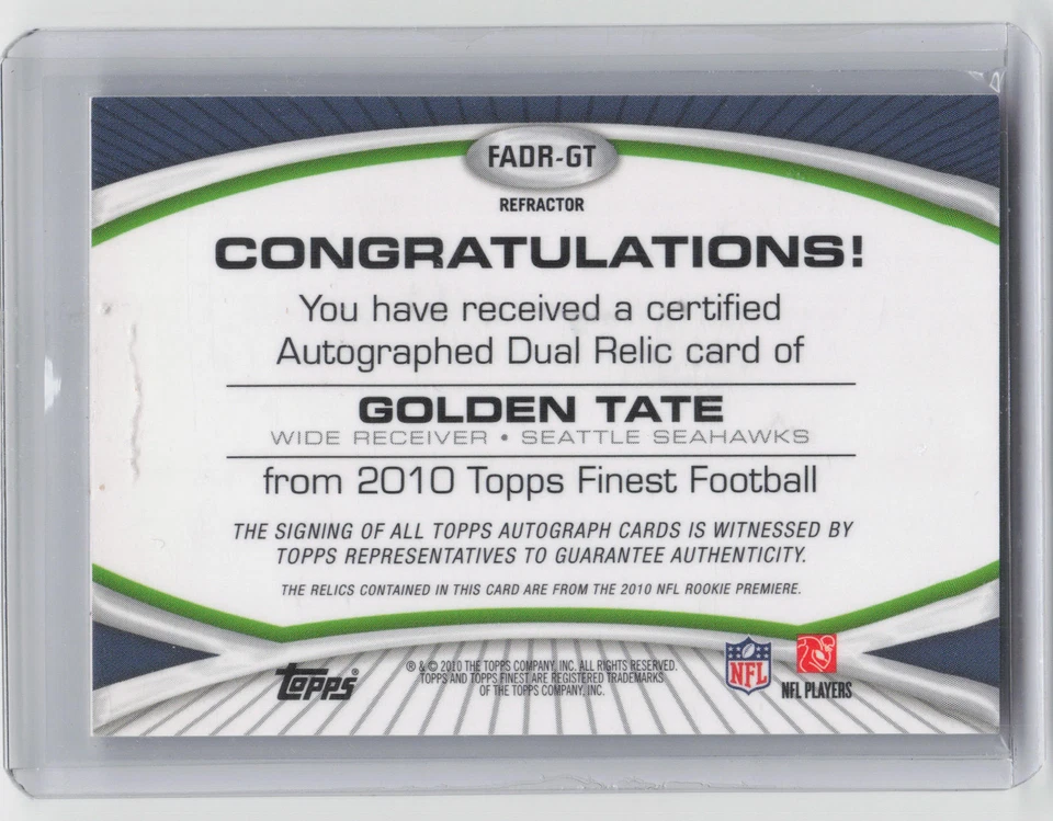 2010 Topps Finest #FADR-GT Golden Tate RC Dual Relic Auto #17/50 - Image 2 of 2
